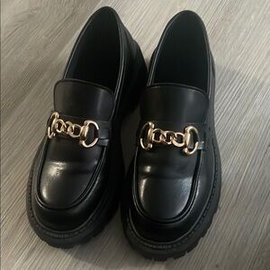 Black Loafers with Gold Chain Detail